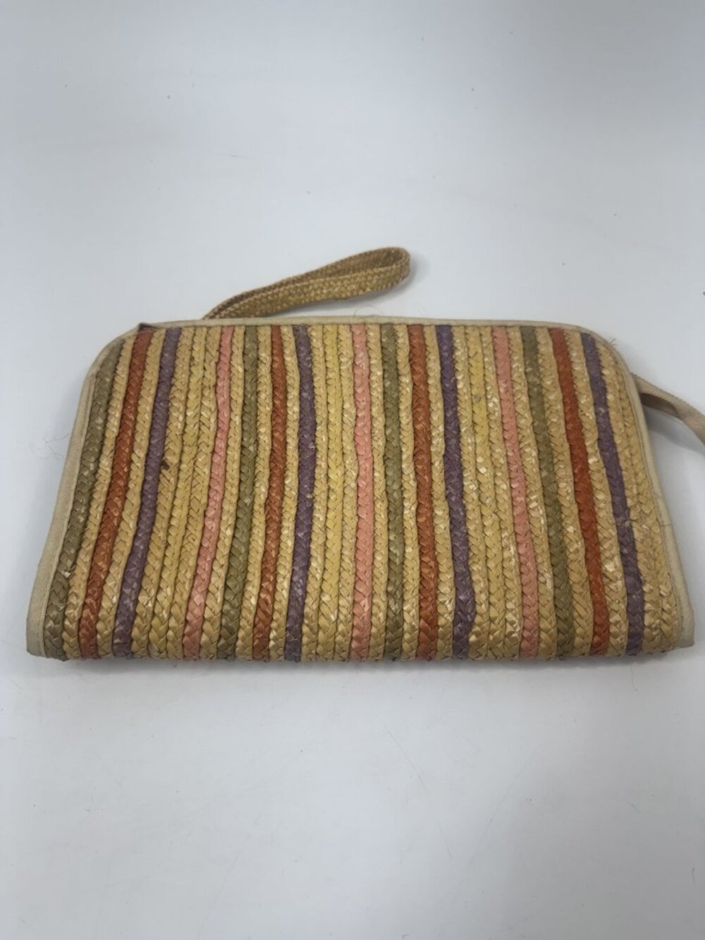 Multi-Color Straw Wristlet Clutch With Zippered Compartments Made In Hong Kong